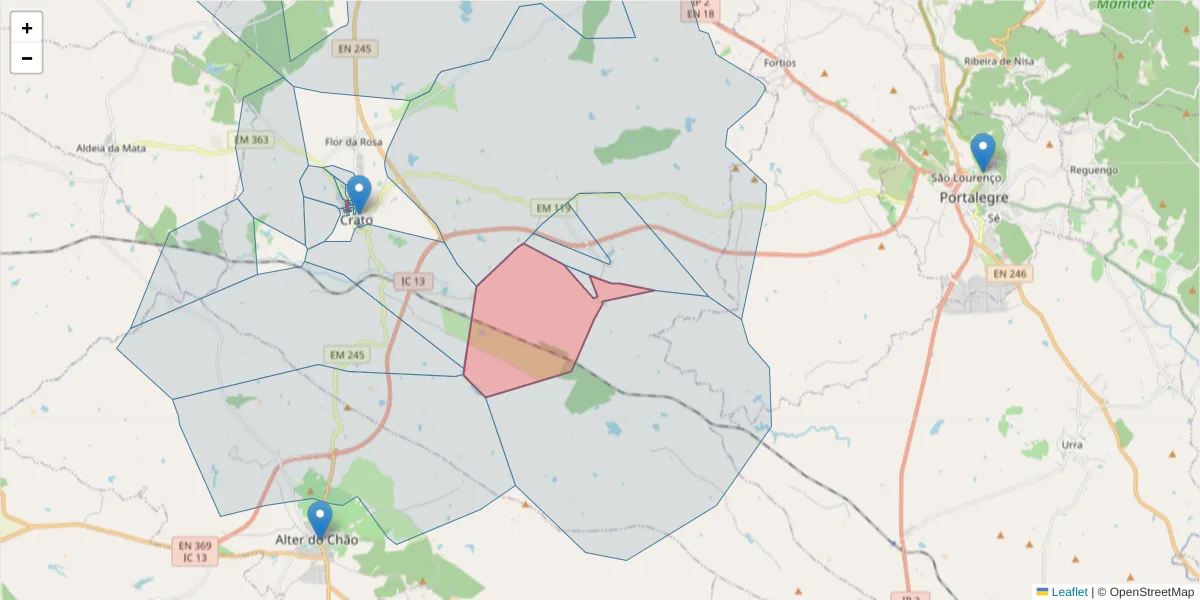 Mapa detalhado do código postal 7430-111 com limites, códigos postais vizinhos e agências dos correios