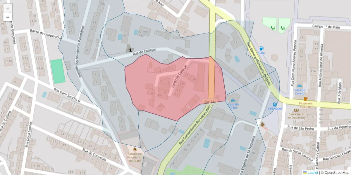Mapa detalhado do código postal 7430-128 com limites, códigos postais vizinhos e agências dos correios