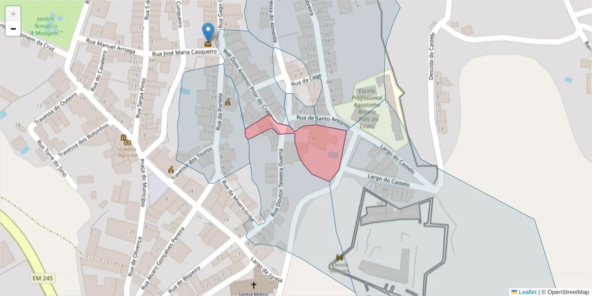 Mapa detalhado do código postal 7430-129 com limites, códigos postais vizinhos e agências dos correios