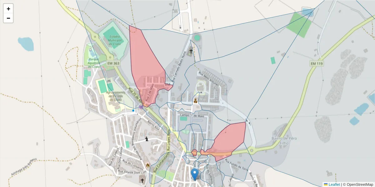 Mapa detalhado do código postal 7430-135 com limites, códigos postais vizinhos e agências dos correios