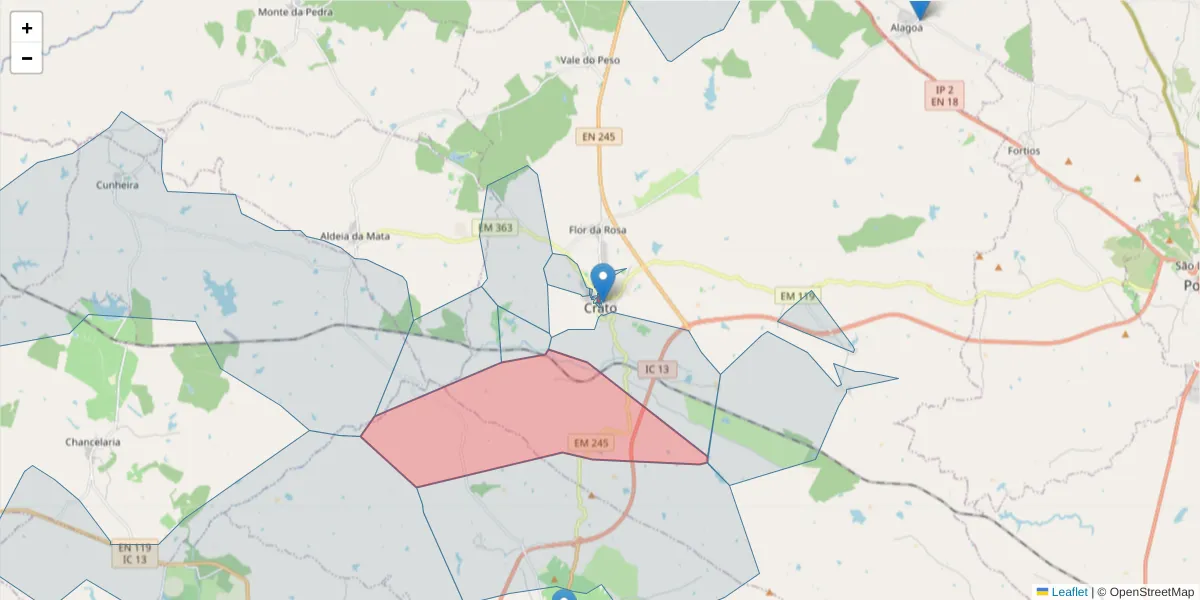 Mapa detalhado do código postal 7430-156 com limites, códigos postais vizinhos e agências dos correios