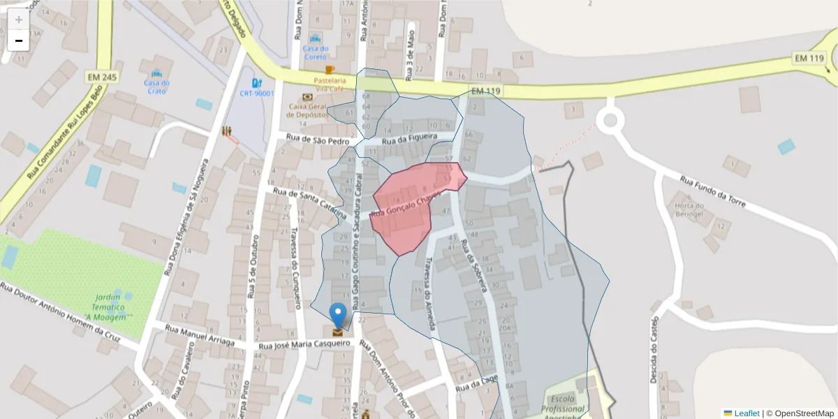 Mapa detalhado do código postal 7430-163 com limites, códigos postais vizinhos e agências dos correios