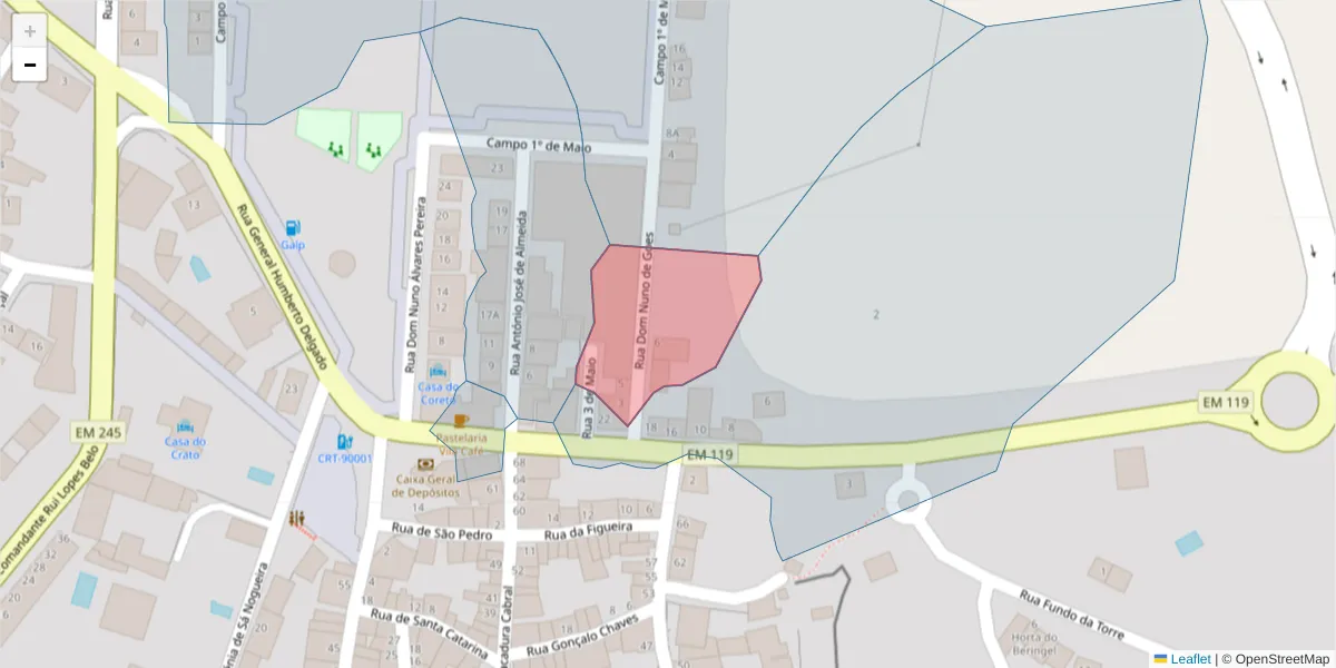Mapa detalhado do código postal 7430-168 com limites, códigos postais vizinhos e agências dos correios
