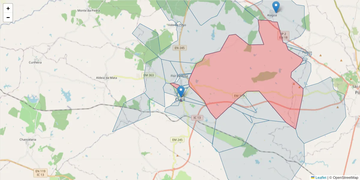 Mapa detalhado do código postal 7430-171 com limites, códigos postais vizinhos e agências dos correios