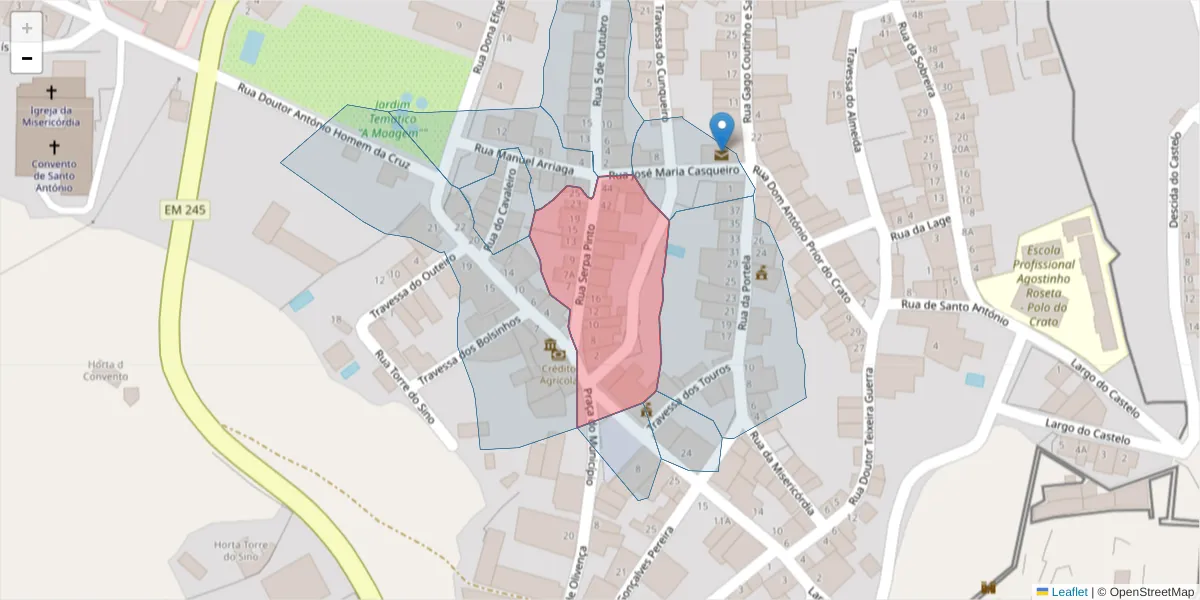 Mapa detalhado do código postal 7430-173 com limites, códigos postais vizinhos e agências dos correios