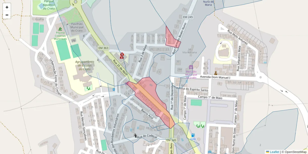 Mapa detalhado do código postal 7430-174 com limites, códigos postais vizinhos e agências dos correios