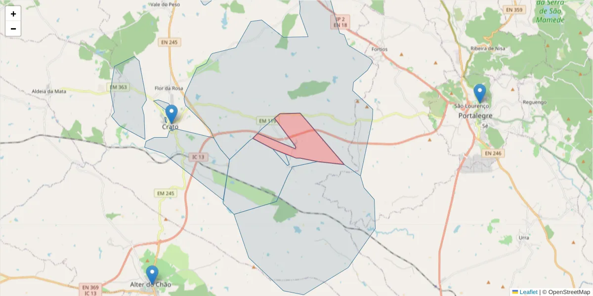 Mapa detalhado do código postal 7430-180 com limites, códigos postais vizinhos e agências dos correios