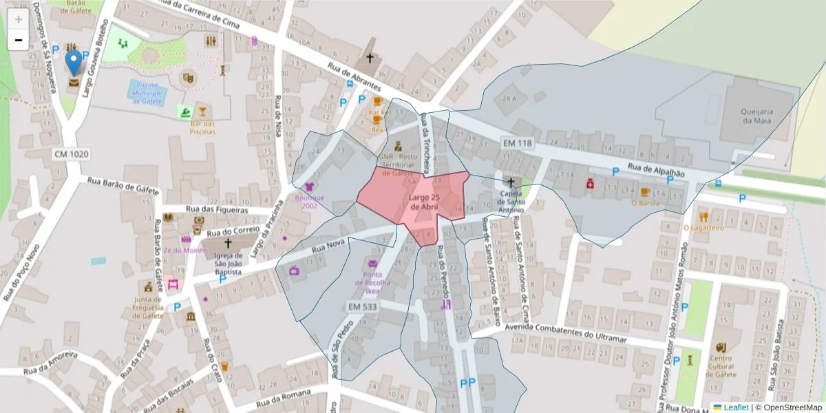 Mapa detalhado do código postal 7430-260 com limites, códigos postais vizinhos e agências dos correios
