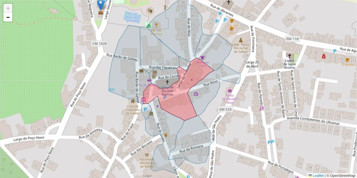 Mapa detalhado do código postal 7430-261 com limites, códigos postais vizinhos e agências dos correios
