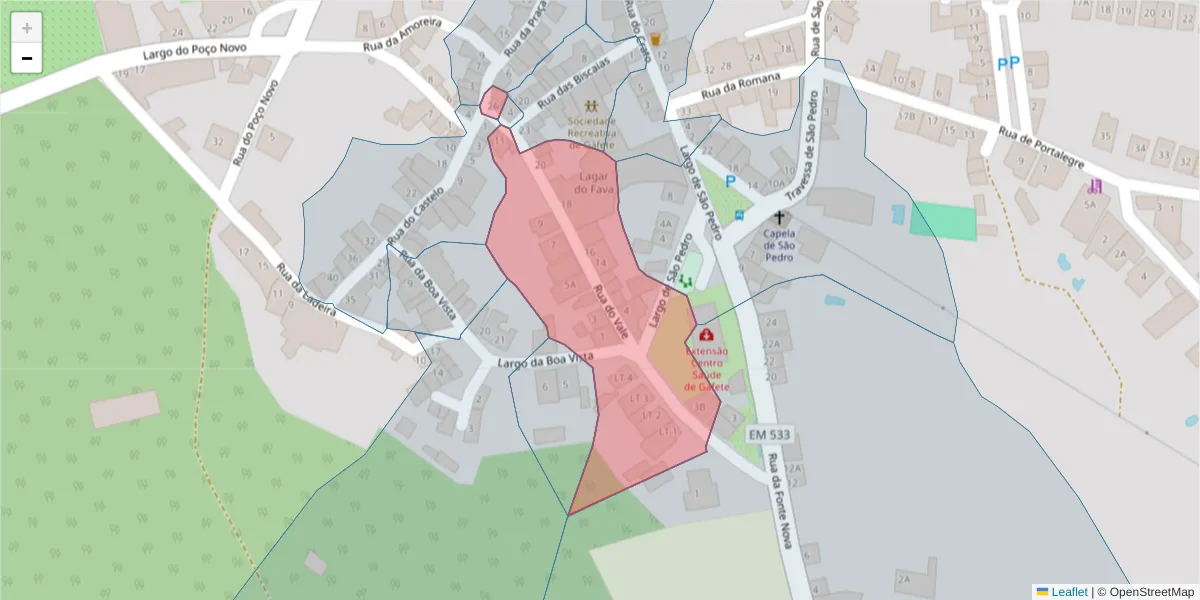 Mapa detalhado do código postal 7430-285 com limites, códigos postais vizinhos e agências dos correios
