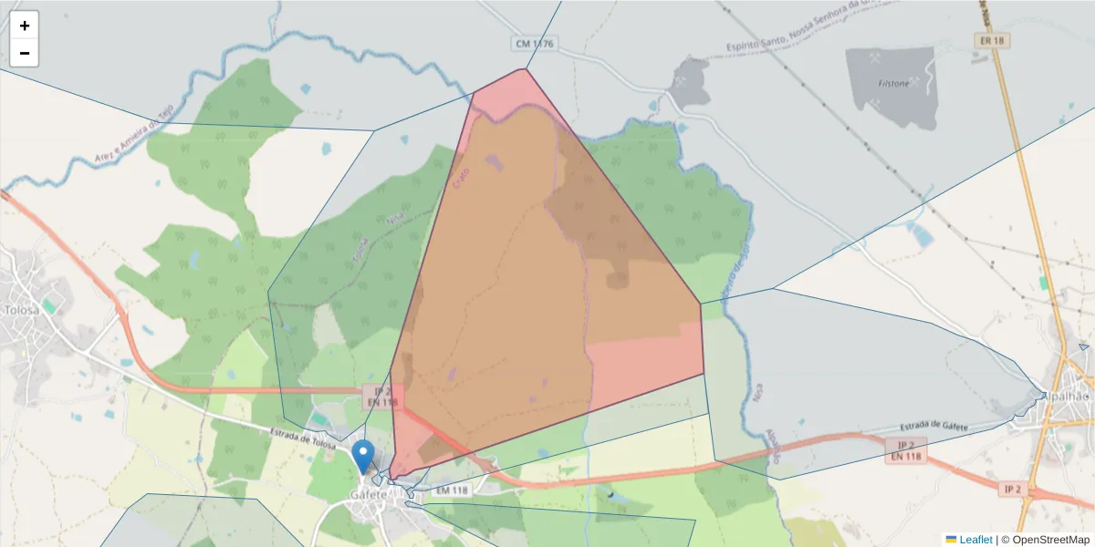 Mapa detalhado do código postal 7430-291 com limites, códigos postais vizinhos e agências dos correios