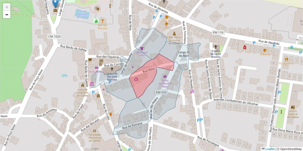 Mapa detalhado do código postal 7430-293 com limites, códigos postais vizinhos e agências dos correios