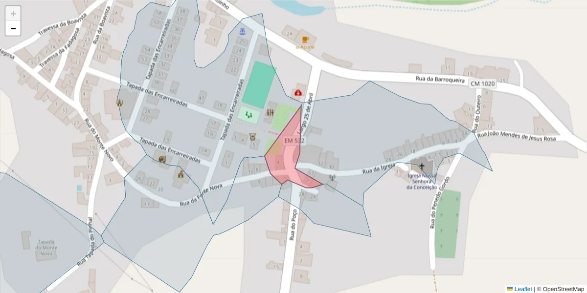 Mapa detalhado do código postal 7430-314 com limites, códigos postais vizinhos e agências dos correios