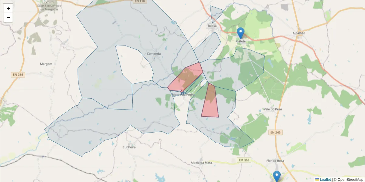 Mapa detalhado do código postal 7430-322 com limites, códigos postais vizinhos e agências dos correios