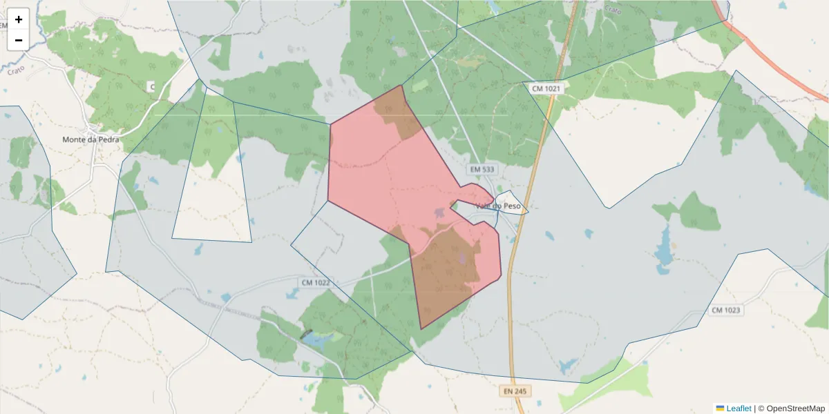 Mapa detalhado do código postal 7430-360 com limites, códigos postais vizinhos e agências dos correios
