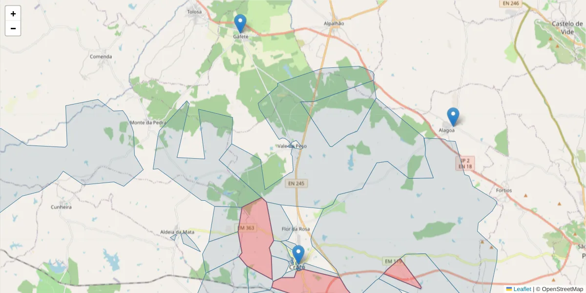 Mapa detalhado do código postal 7430-363 com limites, códigos postais vizinhos e agências dos correios