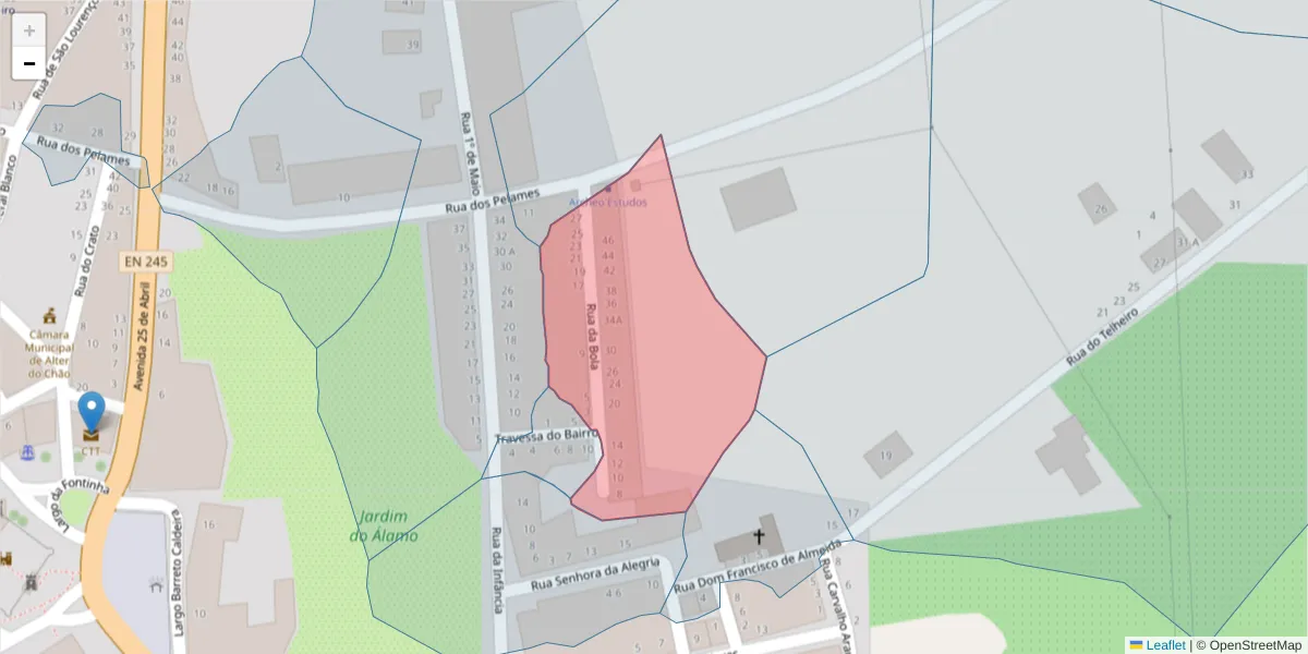 Mapa detalhado do código postal 7440-036 com limites, códigos postais vizinhos e agências dos correios