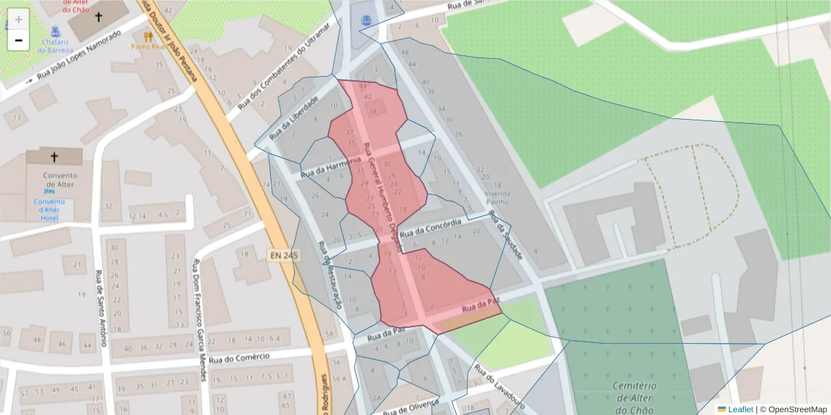 Mapa detalhado do código postal 7440-093 com limites, códigos postais vizinhos e agências dos correios