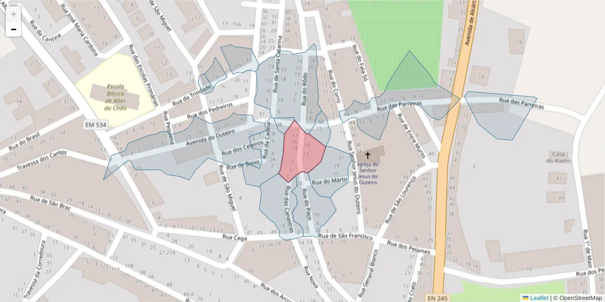 Mapa detalhado do código postal 7440-095 com limites, códigos postais vizinhos e agências dos correios