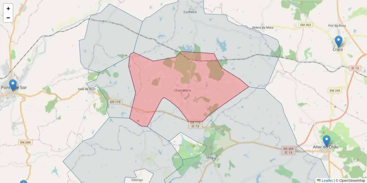 Mapa detalhado do código postal 7440-201 com limites, códigos postais vizinhos e agências dos correios