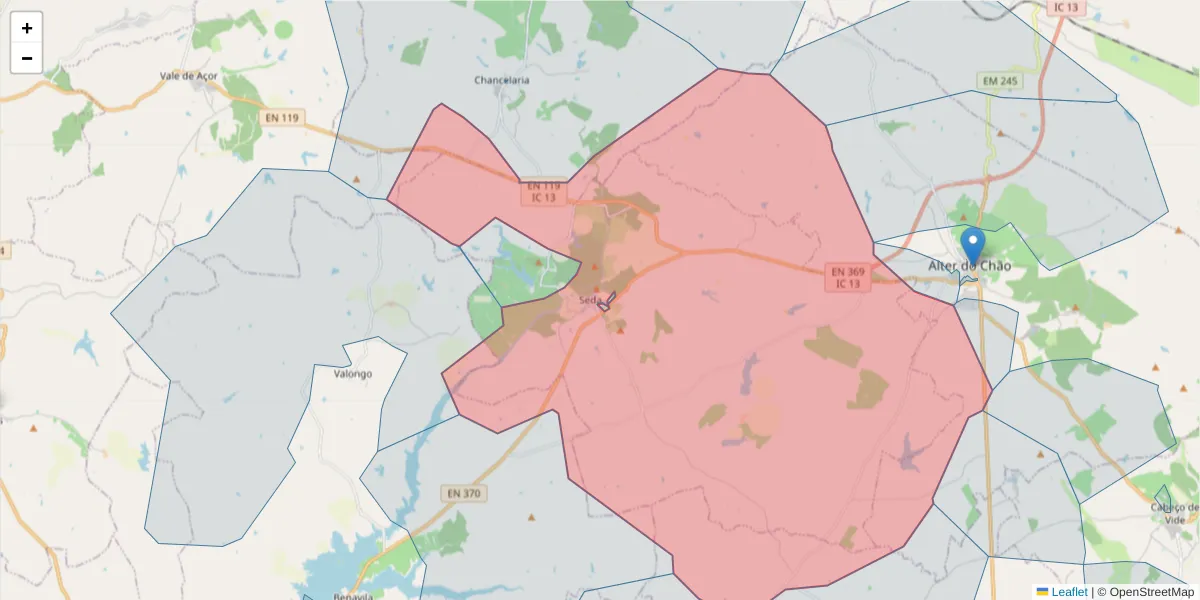 Mapa detalhado do código postal 7440-225 com limites, códigos postais vizinhos e agências dos correios