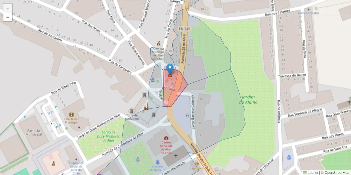 Mapa detalhado do código postal 7440-999 com limites, códigos postais vizinhos e agências dos correios