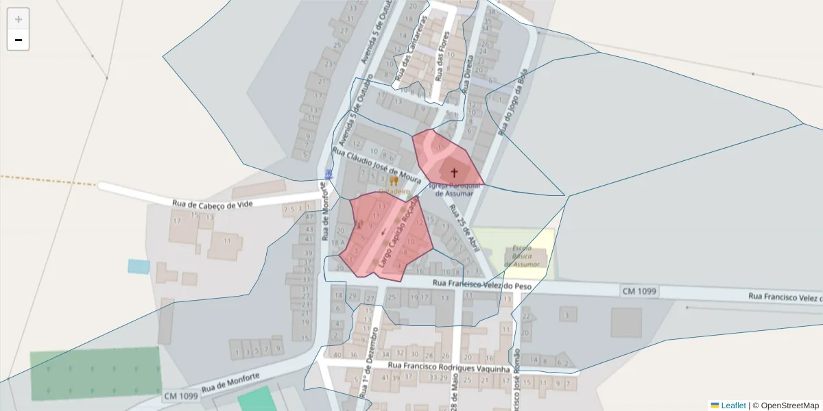 Mapa detalhado do código postal 7450-015 com limites, códigos postais vizinhos e agências dos correios
