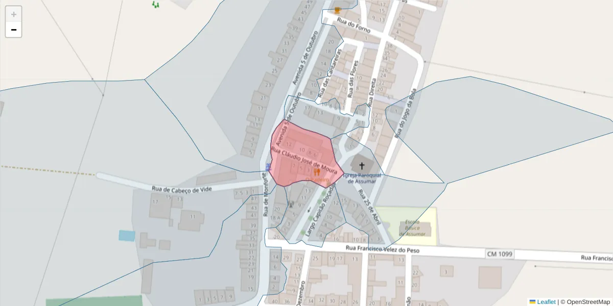 Mapa detalhado do código postal 7450-017 com limites, códigos postais vizinhos e agências dos correios