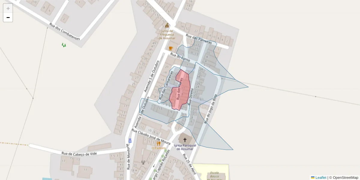 Mapa detalhado do código postal 7450-020 com limites, códigos postais vizinhos e agências dos correios