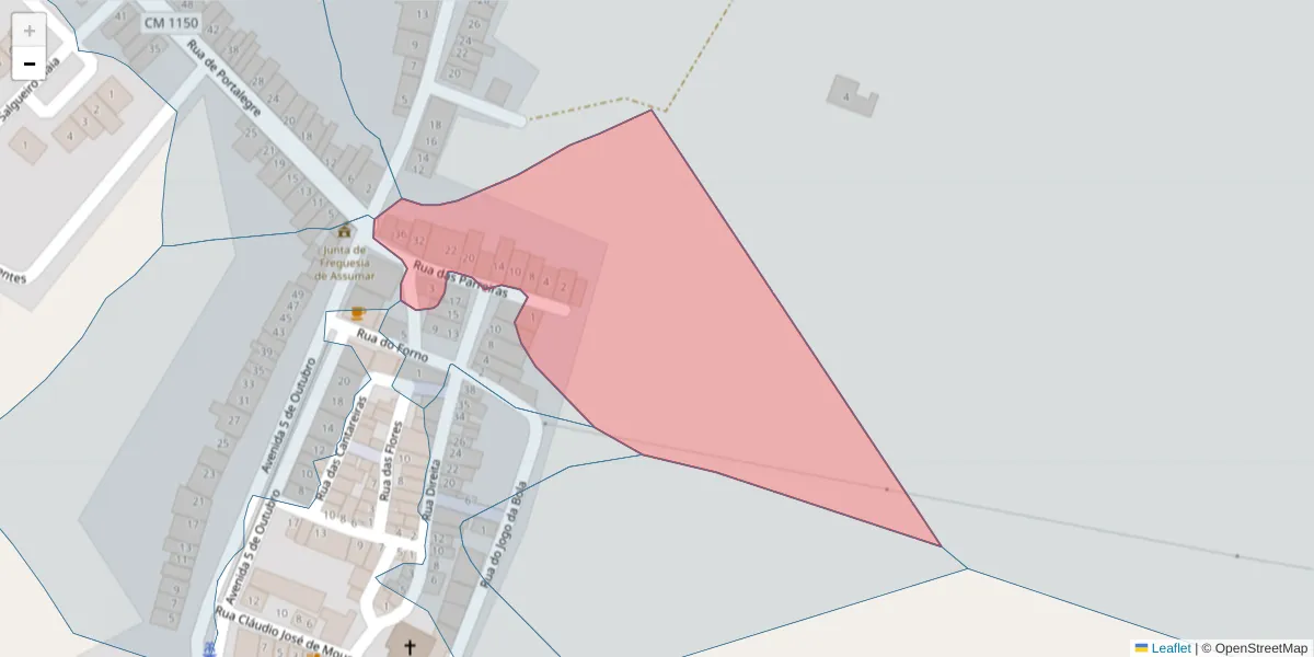 Mapa detalhado do código postal 7450-021 com limites, códigos postais vizinhos e agências dos correios