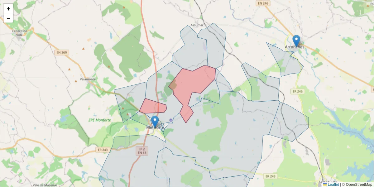 Mapa detalhado do código postal 7450-100 com limites, códigos postais vizinhos e agências dos correios