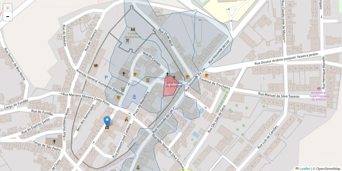 Mapa detalhado do código postal 7450-101 com limites, códigos postais vizinhos e agências dos correios