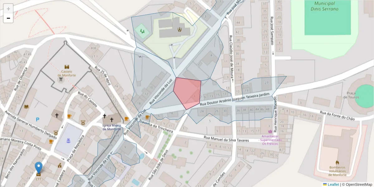 Mapa detalhado do código postal 7450-107 com limites, códigos postais vizinhos e agências dos correios