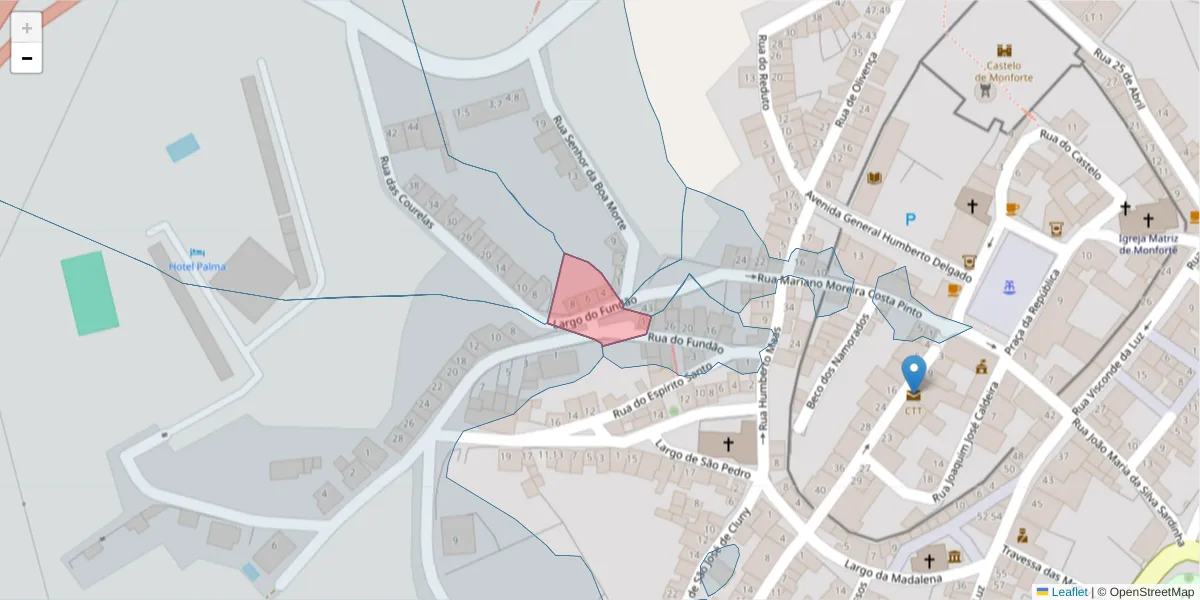 Mapa detalhado do código postal 7450-110 com limites, códigos postais vizinhos e agências dos correios
