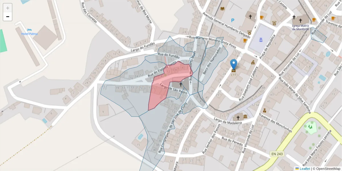Mapa detalhado do código postal 7450-113 com limites, códigos postais vizinhos e agências dos correios