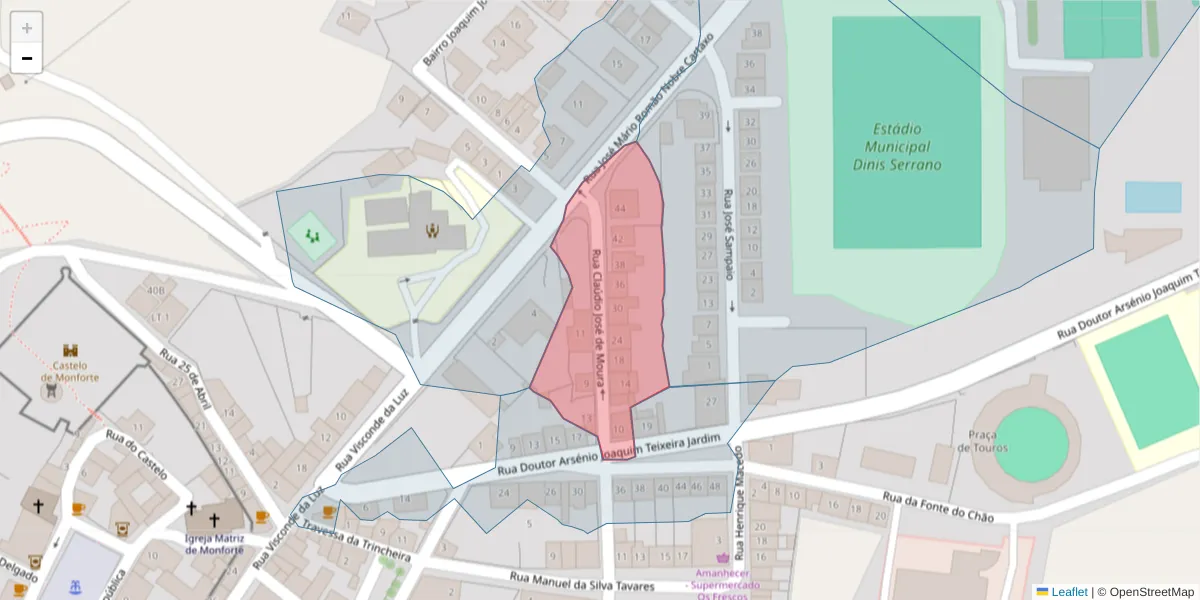 Mapa detalhado do código postal 7450-117 com limites, códigos postais vizinhos e agências dos correios
