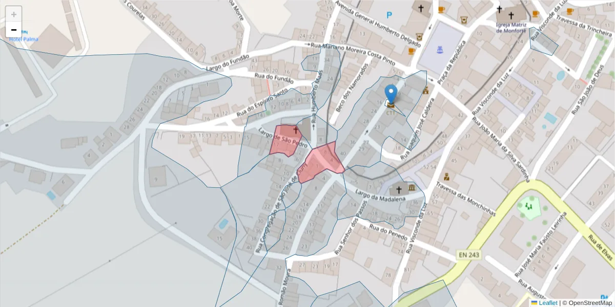Mapa detalhado do código postal 7450-125 com limites, códigos postais vizinhos e agências dos correios
