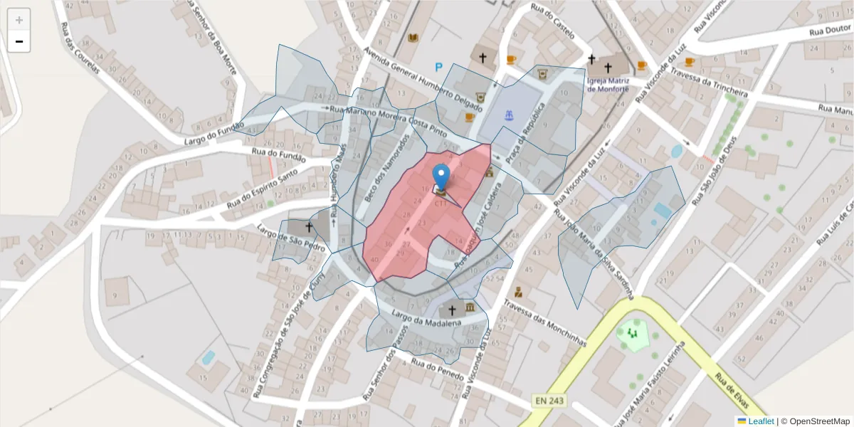 Mapa detalhado do código postal 7450-128 com limites, códigos postais vizinhos e agências dos correios