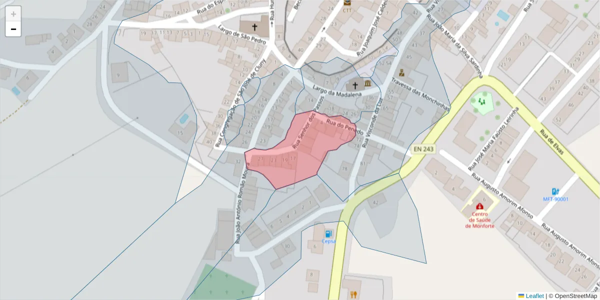 Mapa detalhado do código postal 7450-141 com limites, códigos postais vizinhos e agências dos correios