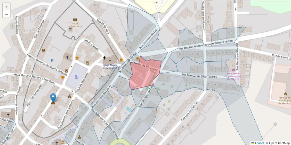 Mapa detalhado do código postal 7450-144 com limites, códigos postais vizinhos e agências dos correios