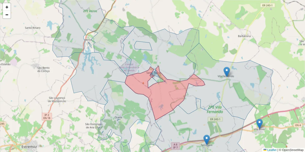 Mapa detalhado do código postal 7450-200 com limites, códigos postais vizinhos e agências dos correios
