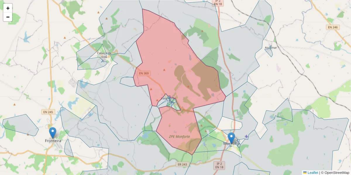 Mapa detalhado do código postal 7450-250 com limites, códigos postais vizinhos e agências dos correios