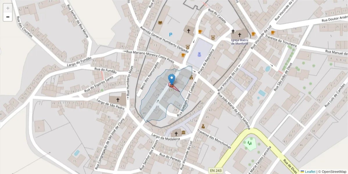 Mapa detalhado do código postal 7450-999 com limites, códigos postais vizinhos e agências dos correios