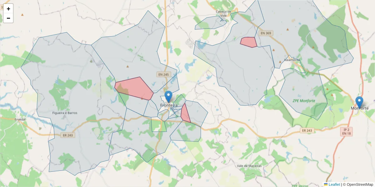 Mapa detalhado do código postal 7460-000 com limites, códigos postais vizinhos e agências dos correios
