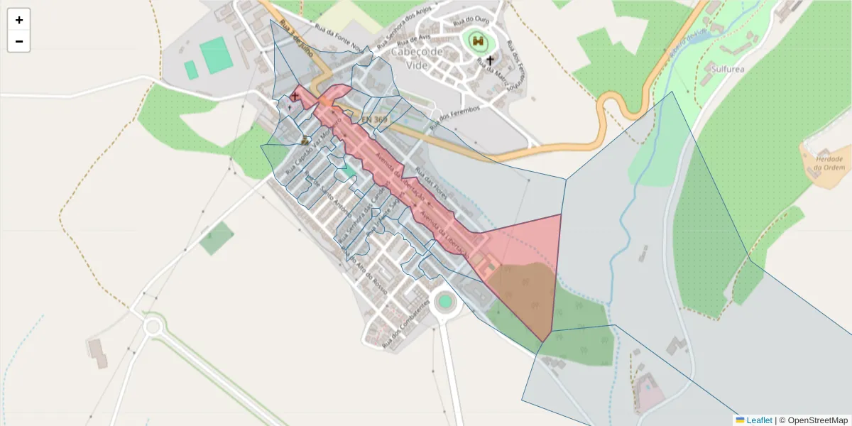 Mapa detalhado do código postal 7460-002 com limites, códigos postais vizinhos e agências dos correios