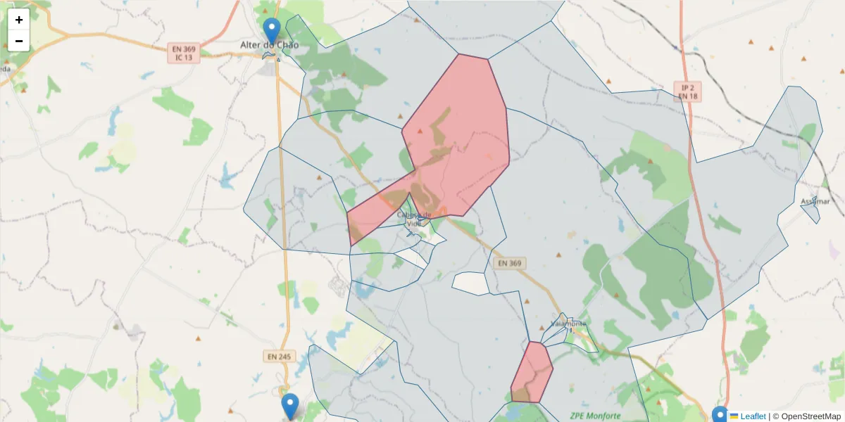 Mapa detalhado do código postal 7460-020 com limites, códigos postais vizinhos e agências dos correios