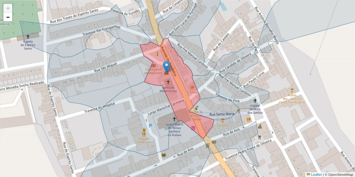 Mapa detalhado do código postal 7460-100 com limites, códigos postais vizinhos e agências dos correios