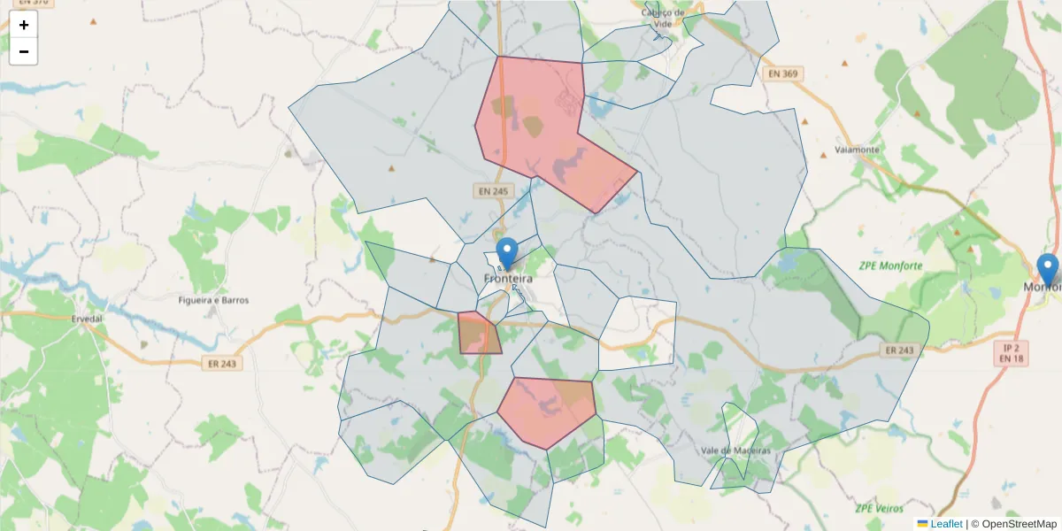 Mapa detalhado do código postal 7460-104 com limites, códigos postais vizinhos e agências dos correios