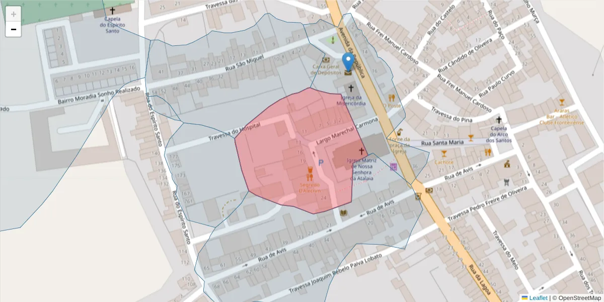 Mapa detalhado do código postal 7460-109 com limites, códigos postais vizinhos e agências dos correios