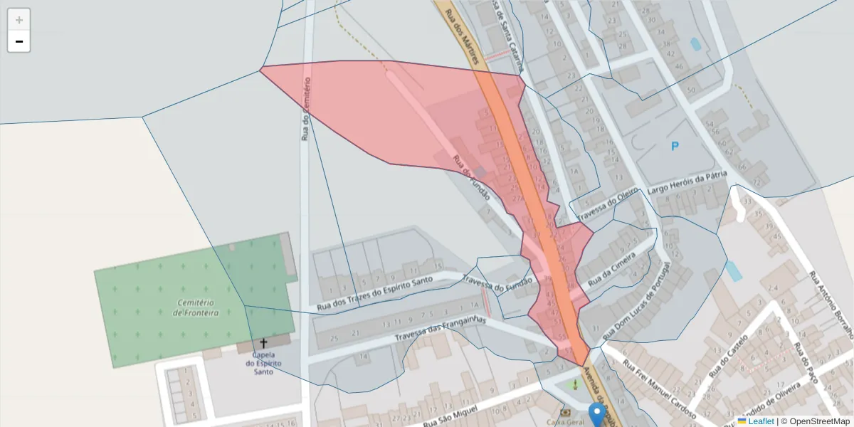 Mapa detalhado do código postal 7460-121 com limites, códigos postais vizinhos e agências dos correios